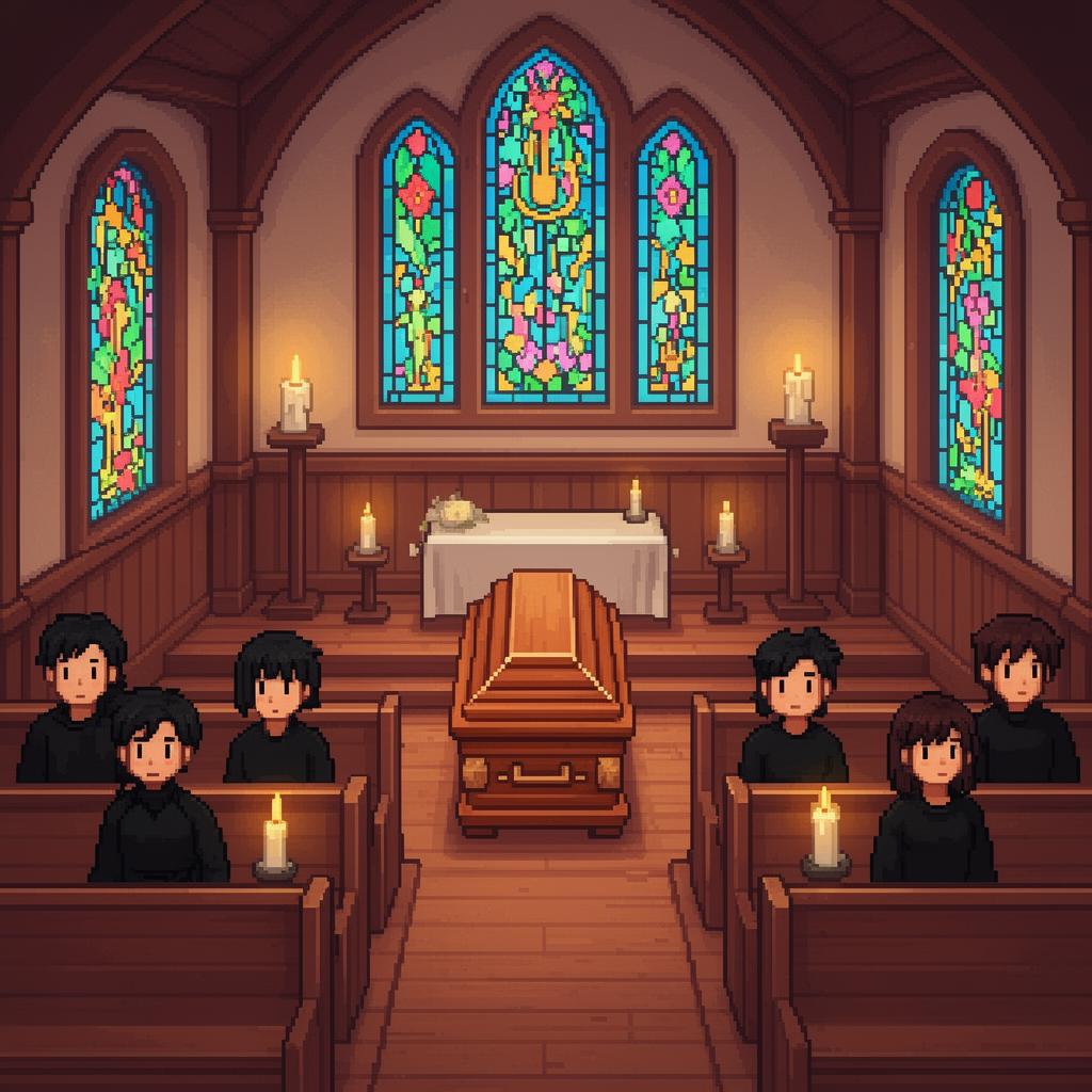 A pixel-art funeral scene with NPCs gathered in a chapel